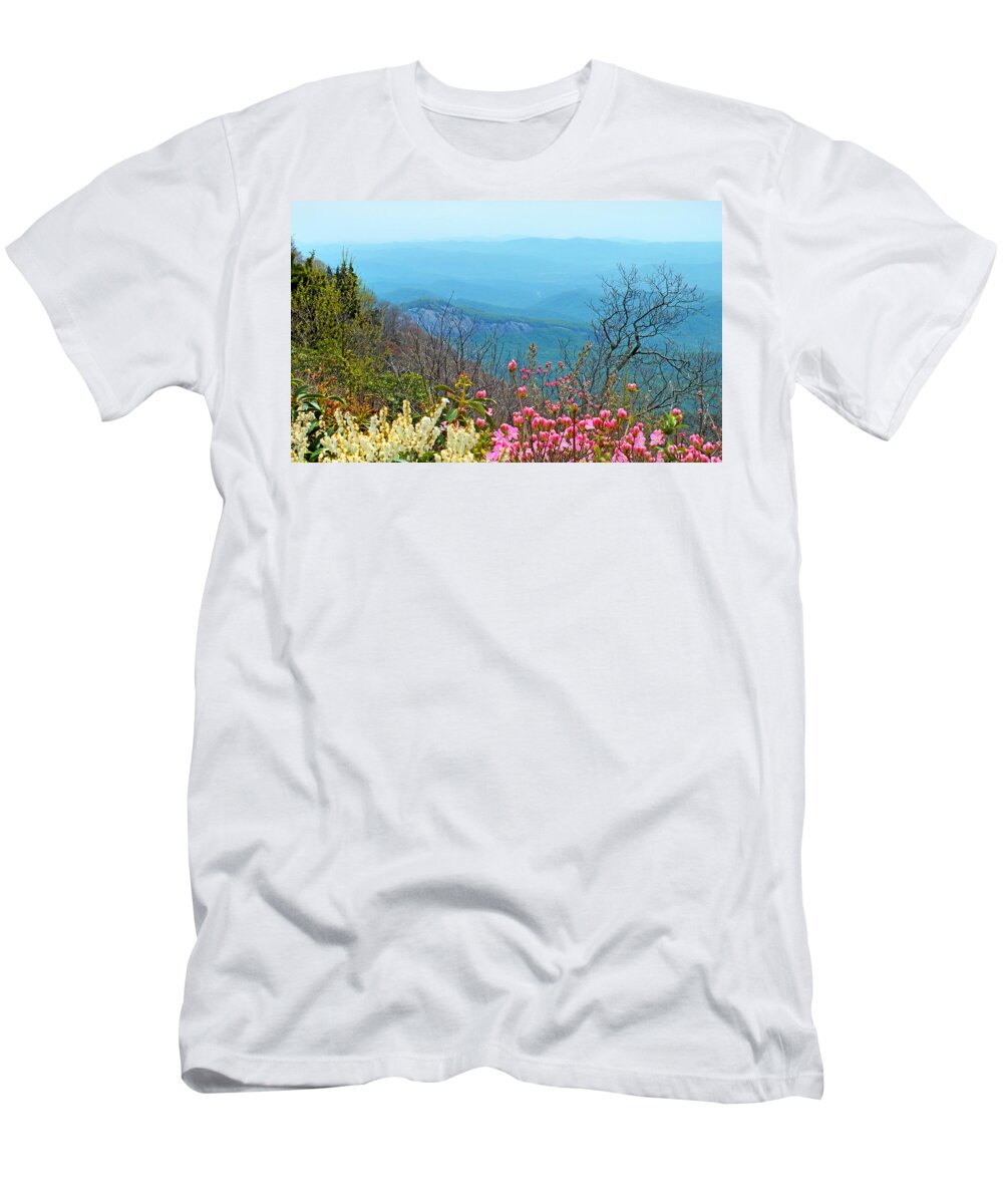 Duane Mccullough T-Shirt featuring the photograph Blueridge Parkway View of Looking Glass Rock and Wild Flowers by Duane McCullough
