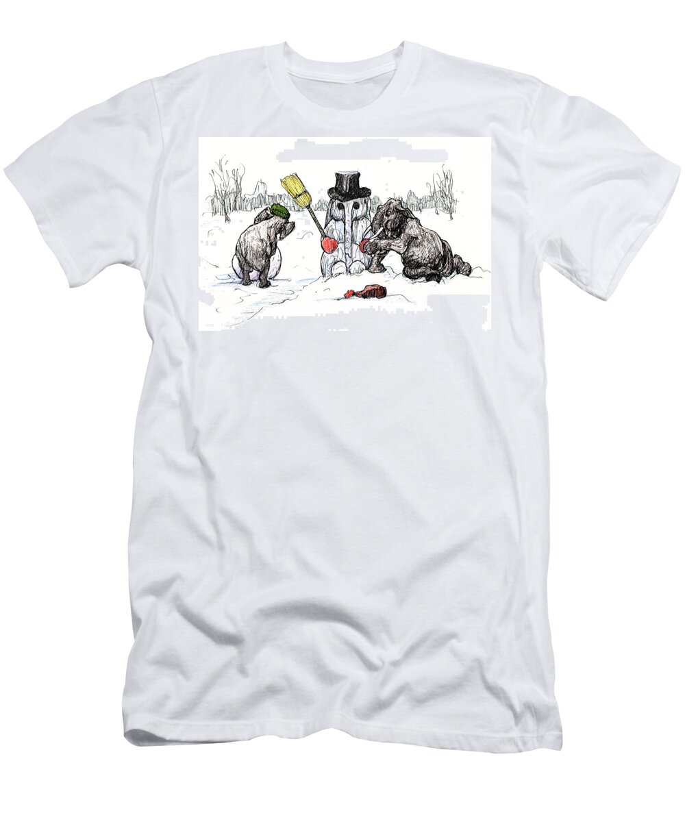 Pen And Ink T-Shirt featuring the painting Building a Snow Elephant by Donna Tucker