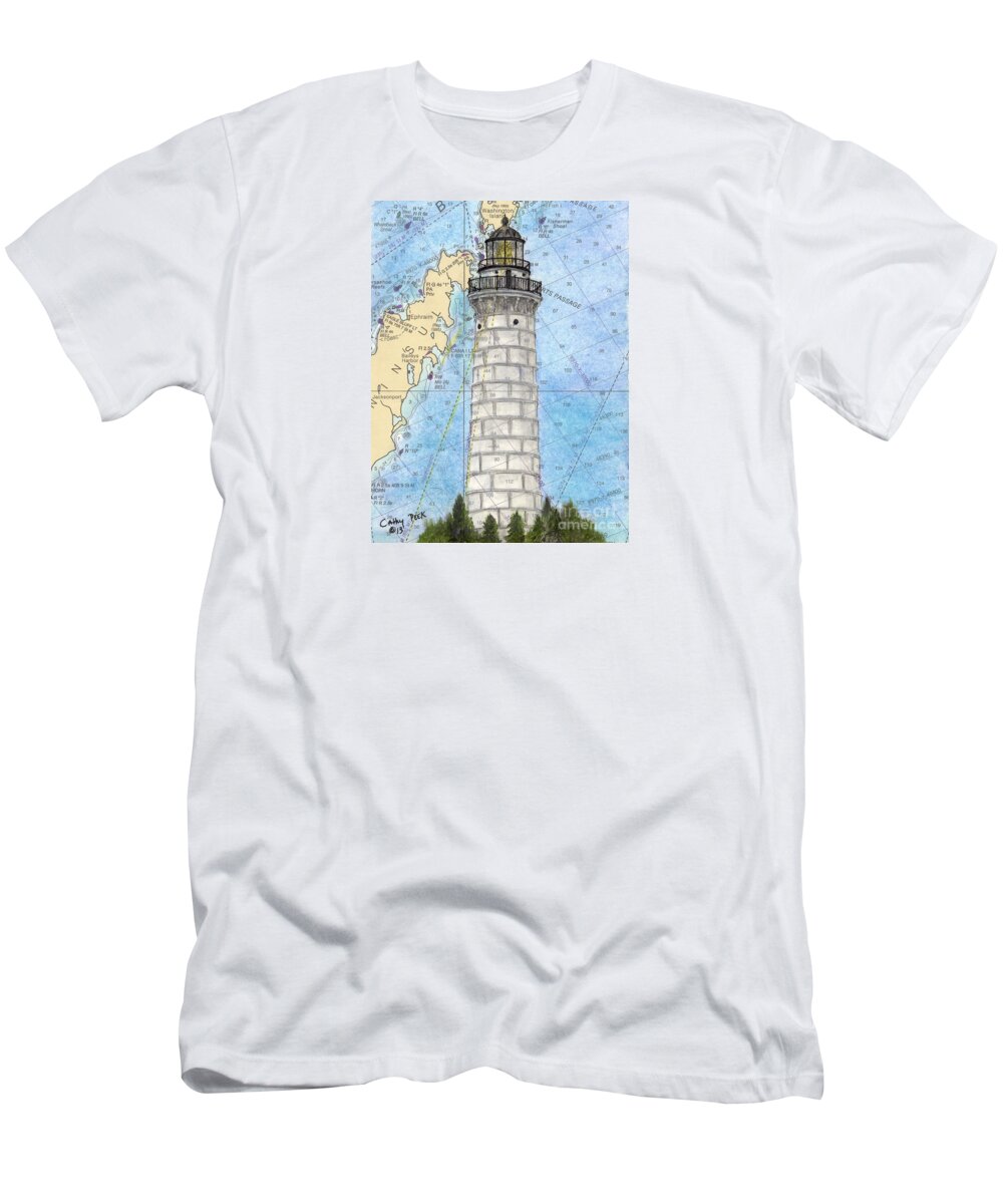 Cana T-Shirt featuring the painting Cana Island Lighthouse WI Cathy Peek Nautical Chart Map Art by Cathy Peek