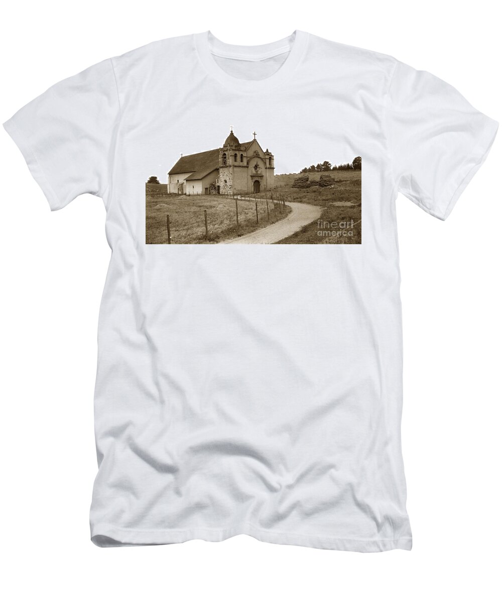Carmel Mission Circa 1890 T-Shirt featuring the photograph Carmel Mission Monterey Co. California circa 1890 by Monterey County Historical Society