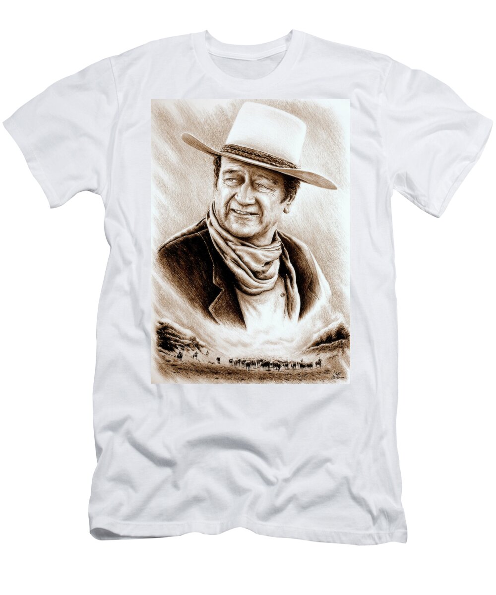John Wayne T-Shirt featuring the drawing Cattle Drive Sepia soft by Andrew Read