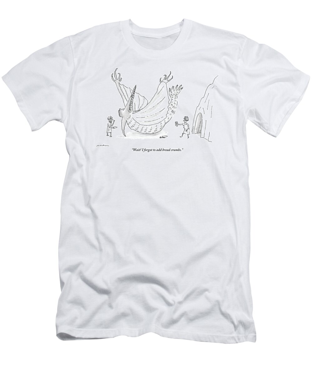 Pterodactyls T-Shirt featuring the drawing Caveman And Woman Begin To Eat A Pterodactyl by Michael Maslin
