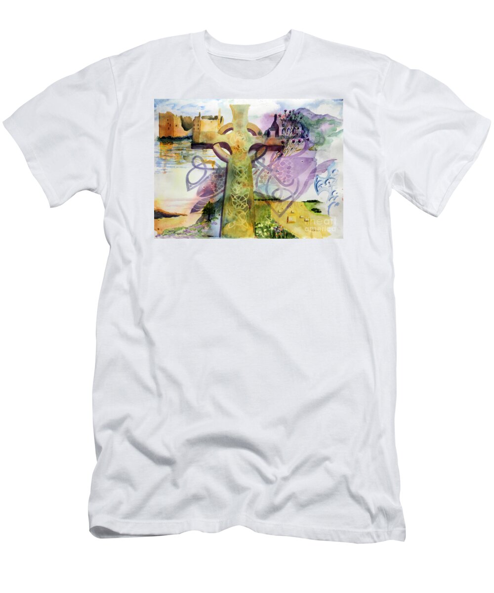 Celtic Cross T-Shirt featuring the painting Inspired By Ancient Designs by Maria Hunt