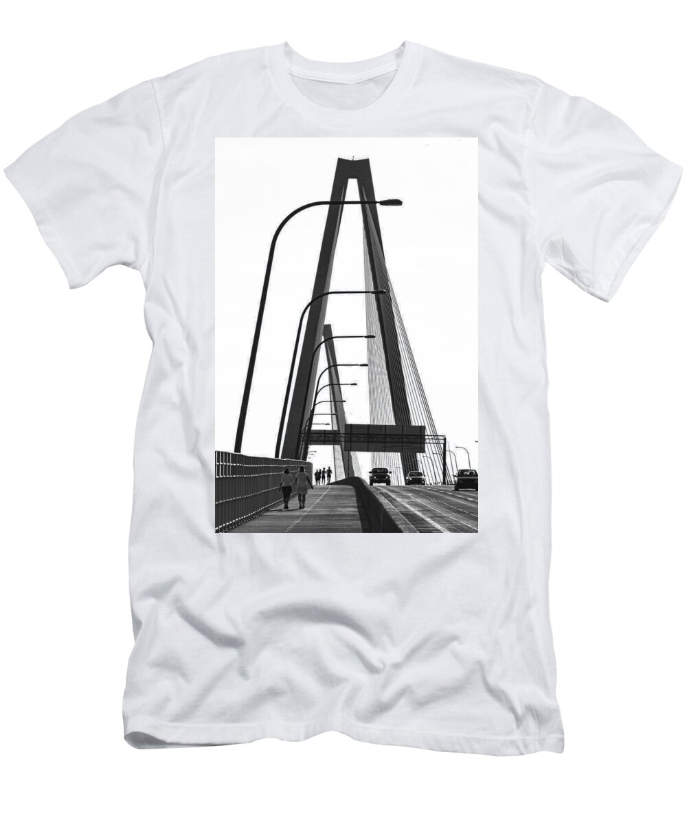 The Arthur Ravenel Jr. Bridge T-Shirt featuring the photograph Charleston's Cable Bridge Where Life Comes Together by Kathy Clark