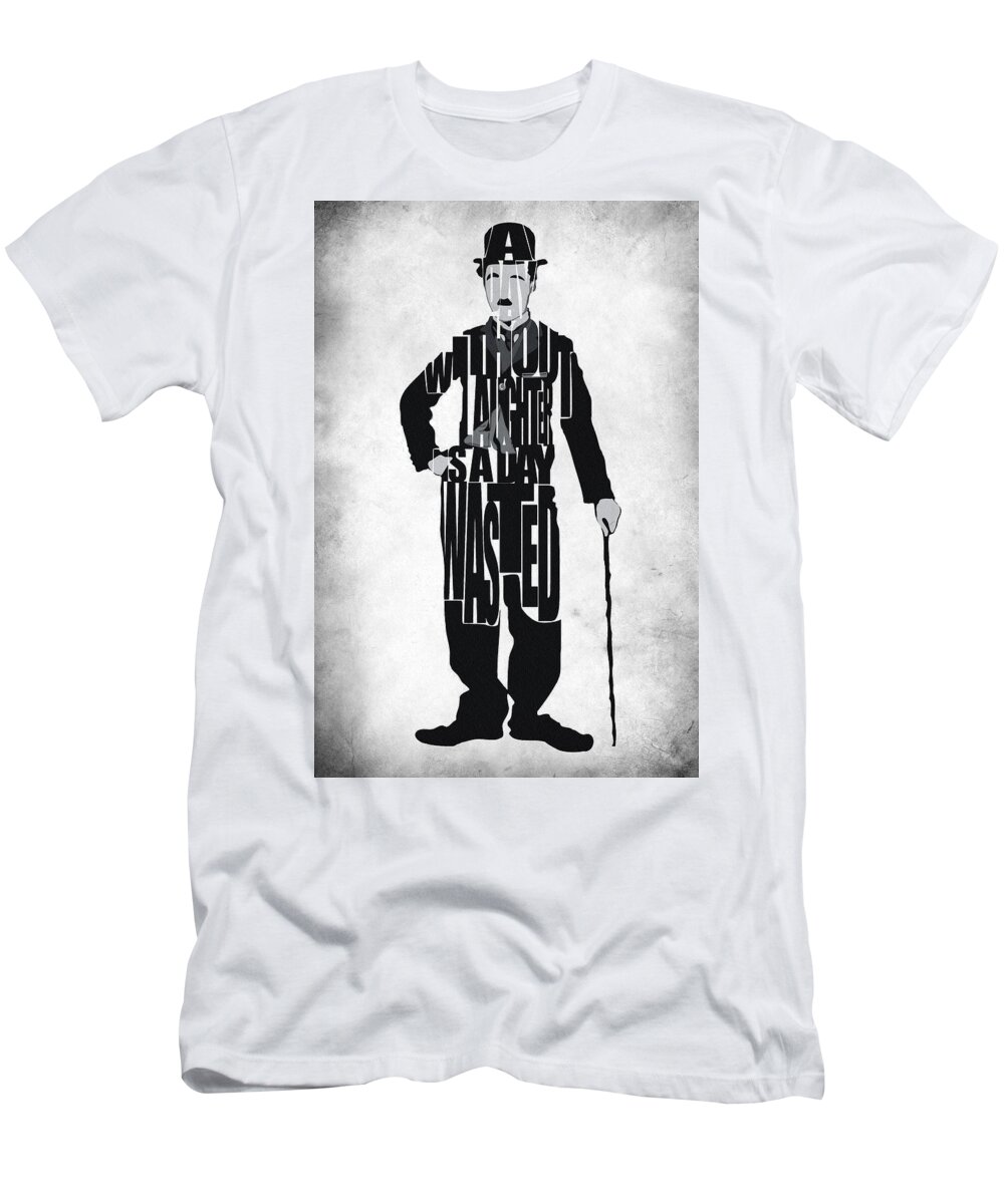 Charlie Chaplin T-Shirt featuring the painting Charlie Chaplin Typography Poster by Inspirowl Design