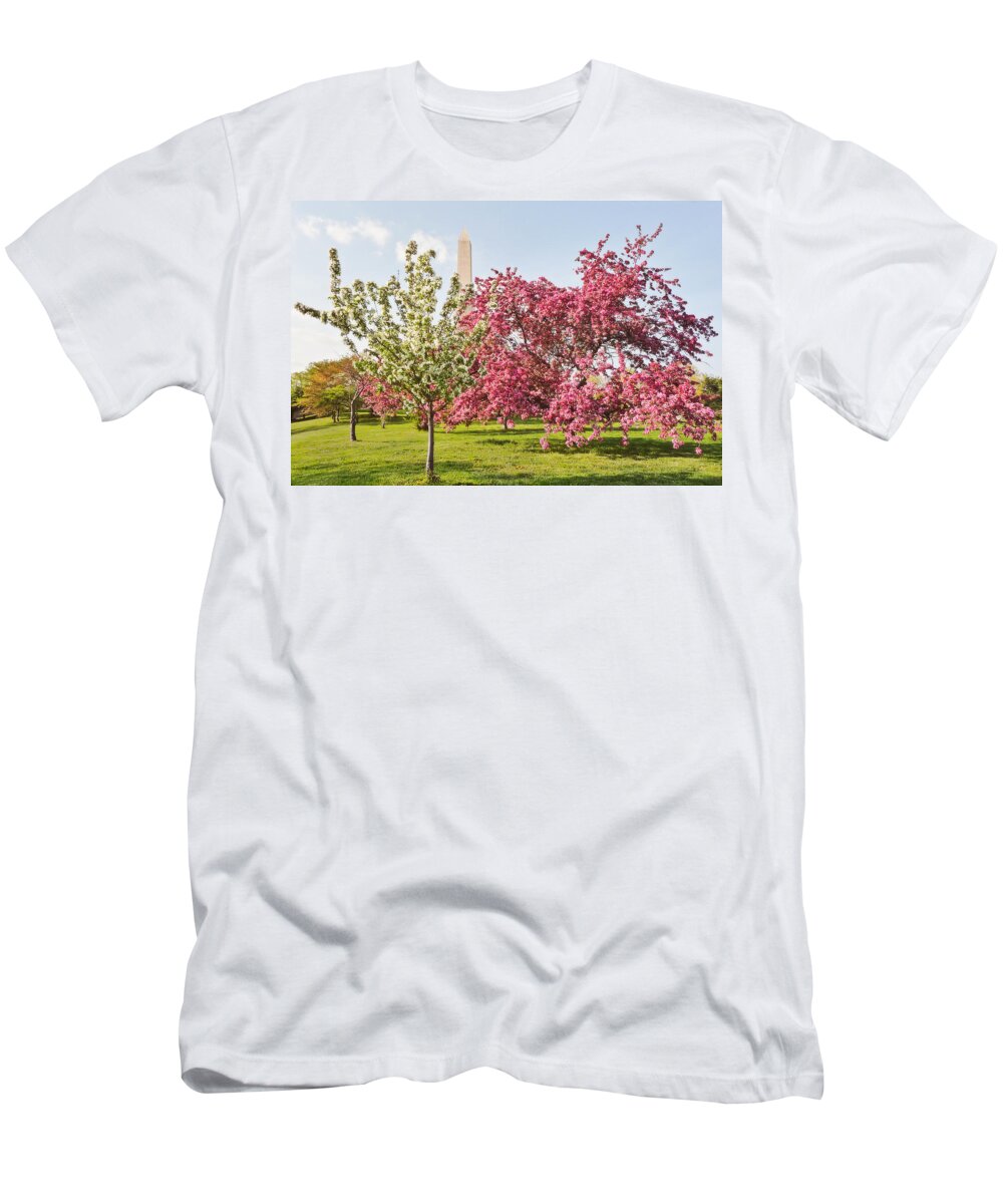 America T-Shirt featuring the photograph Cherry Trees and Washington Monument Three by Mitchell R Grosky