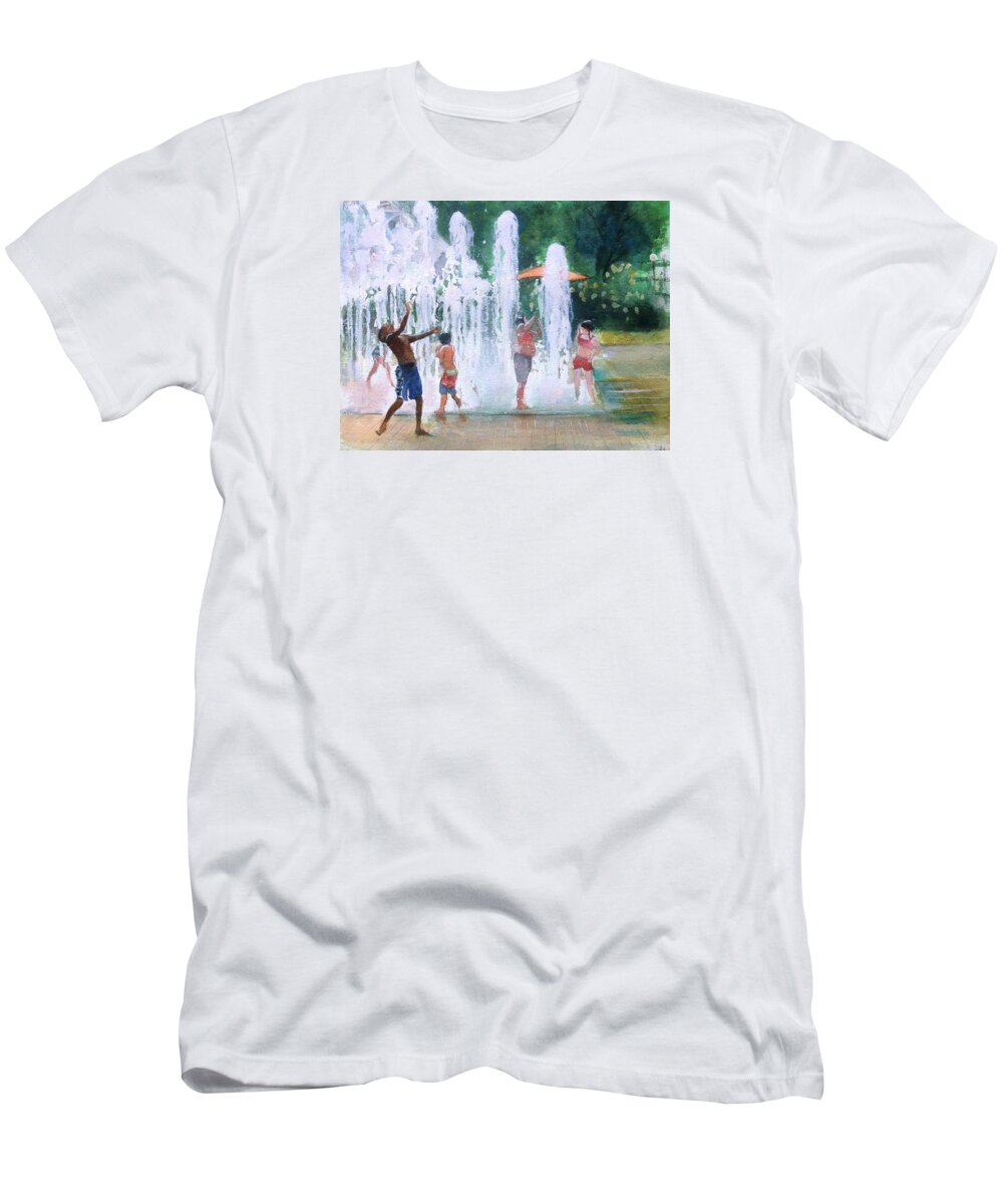 Children T-Shirt featuring the painting Children in Fountains II by Gregory DeGroat