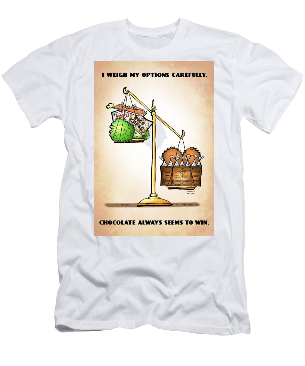 Scale T-Shirt featuring the digital art Chocolate Always Wins by Mark Armstrong