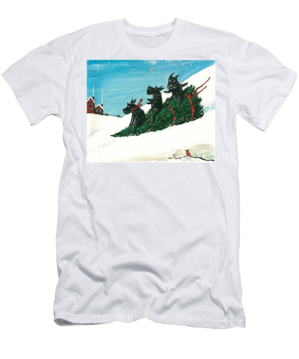Painting T-Shirt featuring the painting Christmas Day Scottie Style by Margaryta Yermolayeva