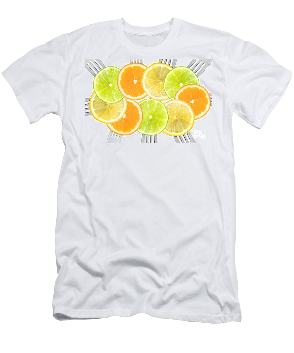 Fruit T-Shirt featuring the photograph Citrus Fruit Sliced On Forks by Lee Avison