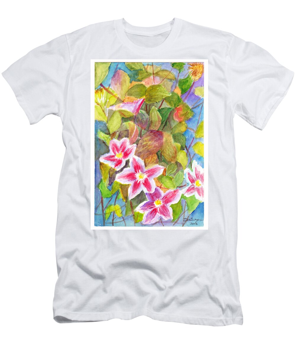 Flowers T-Shirt featuring the painting Clematis flowers on the vine by Dai Wynn