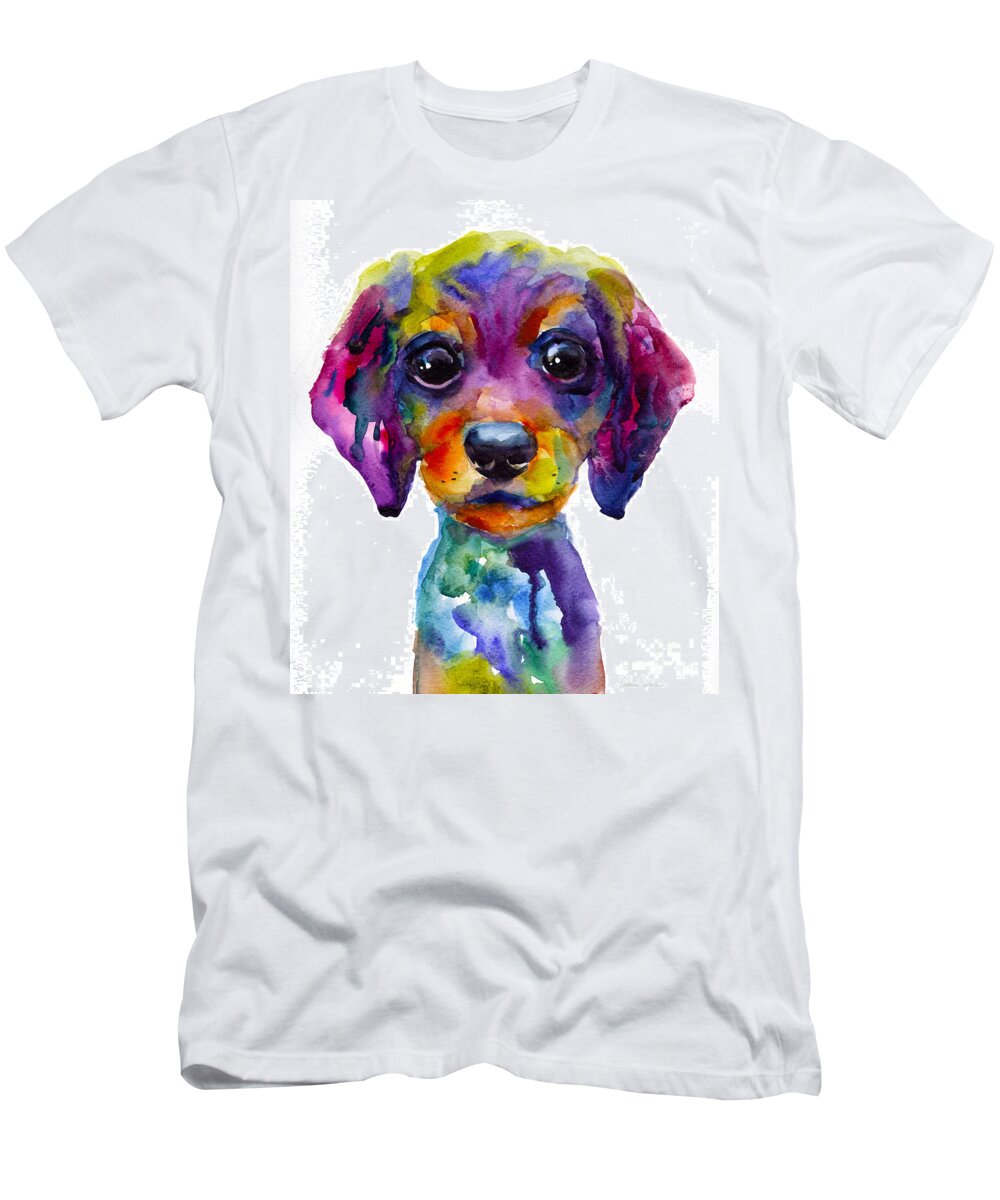 Whimsical Art T-Shirt featuring the painting Colorful whimsical Daschund Dog puppy art by Svetlana Novikova