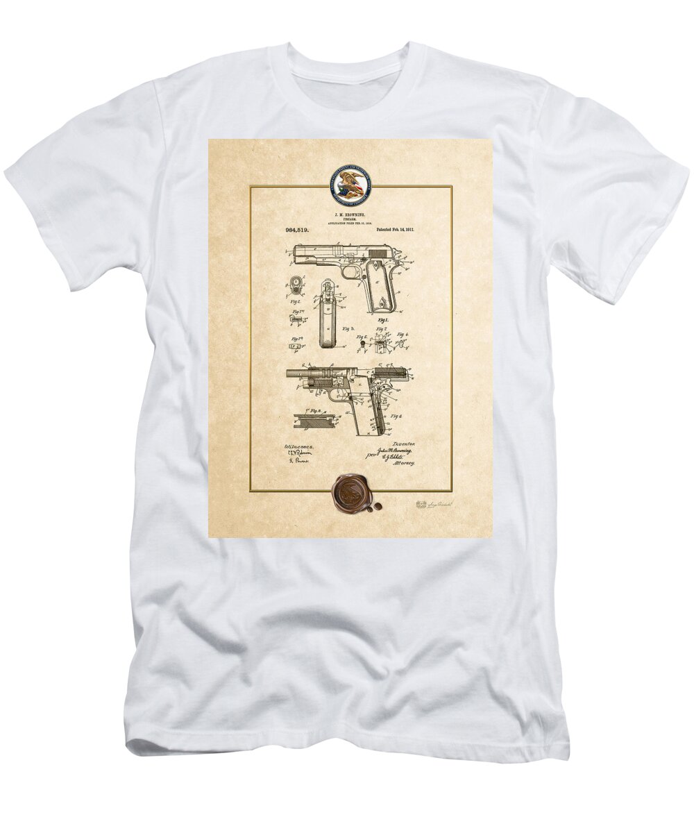 C7 Vintage Patents Weapons And Firearms T-Shirt featuring the digital art Colt 1911 by John M. Browning - Vintage Patent Document by Serge Averbukh