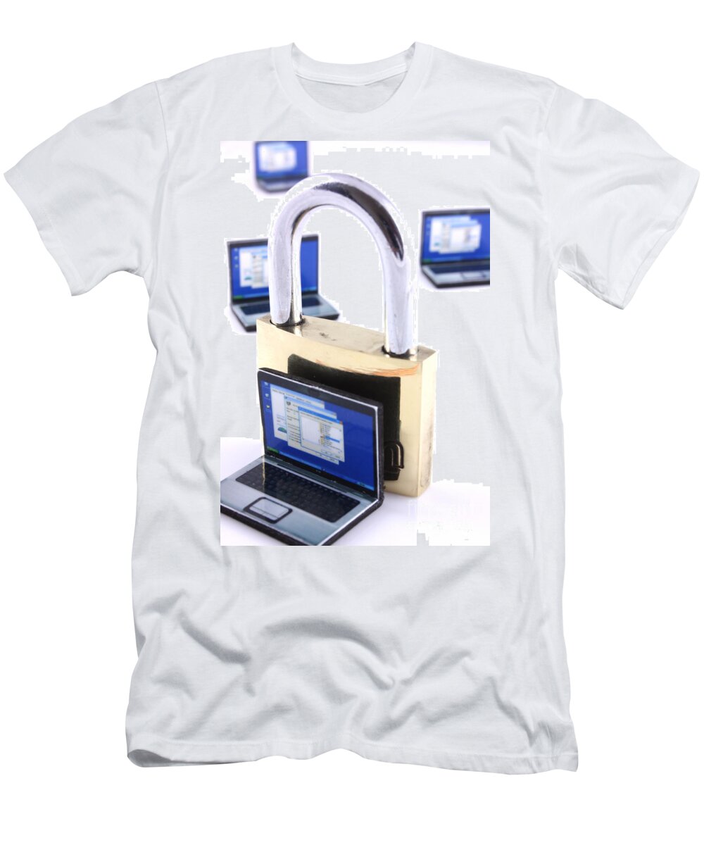 Unlocked T-Shirt featuring the photograph Computer security concept by Simon Bratt