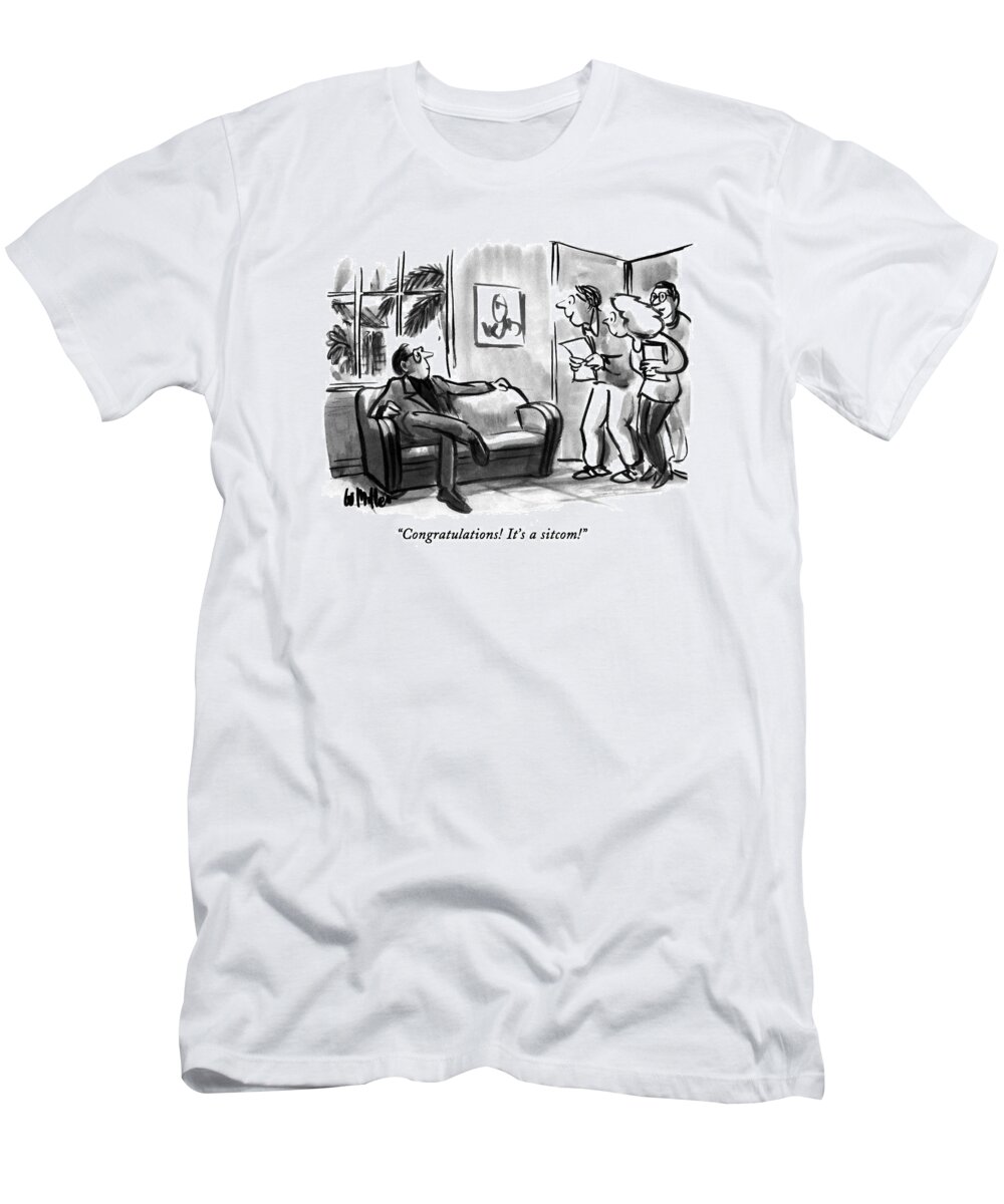 Media T-Shirt featuring the drawing Congratulations! It's A Sitcom! by Warren Miller