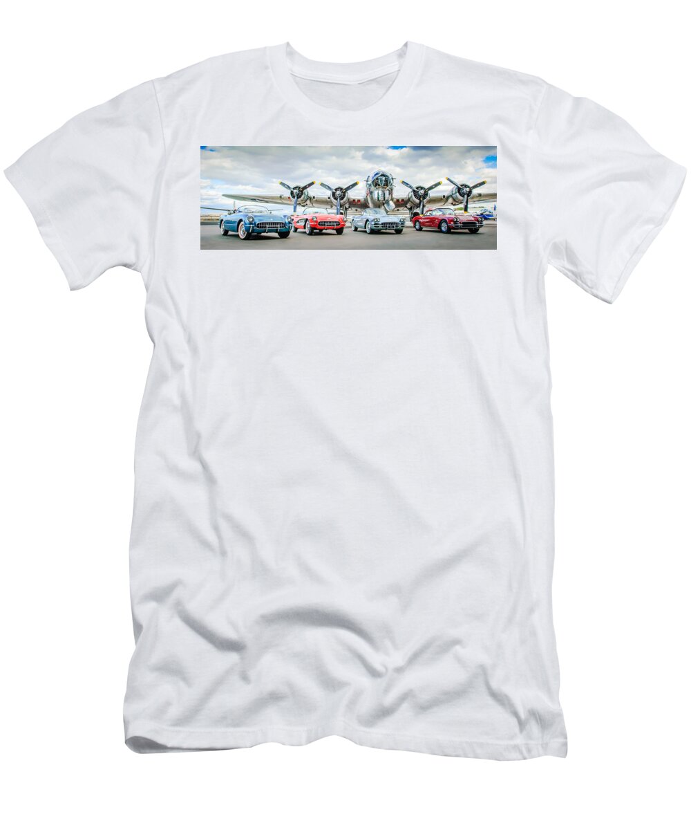 Corvettes With B17 Bomber T-Shirt featuring the photograph Corvettes with B17 Bomber by Jill Reger