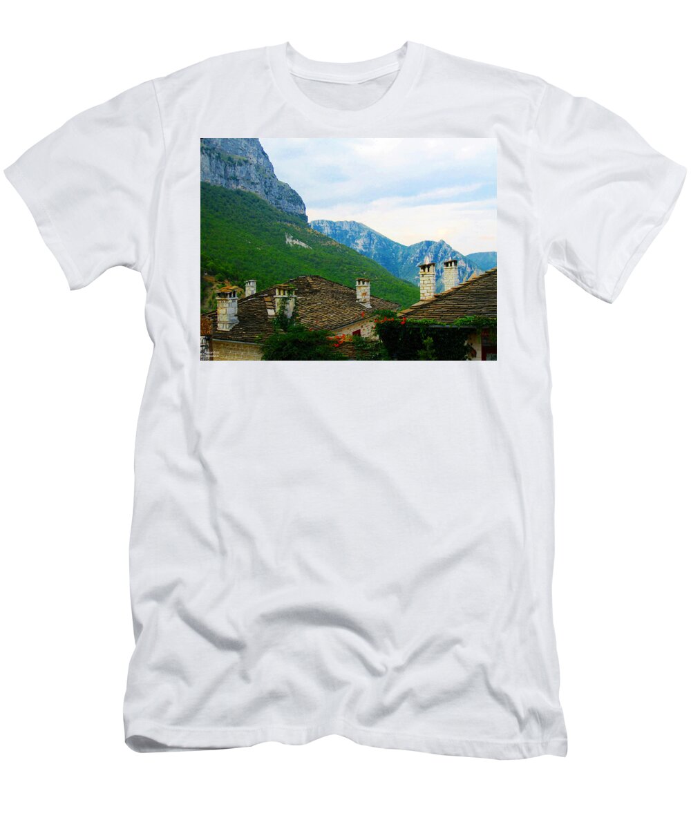 Alexandros Daskalakis T-Shirt featuring the photograph Cottages and Mountains by Alexandros Daskalakis