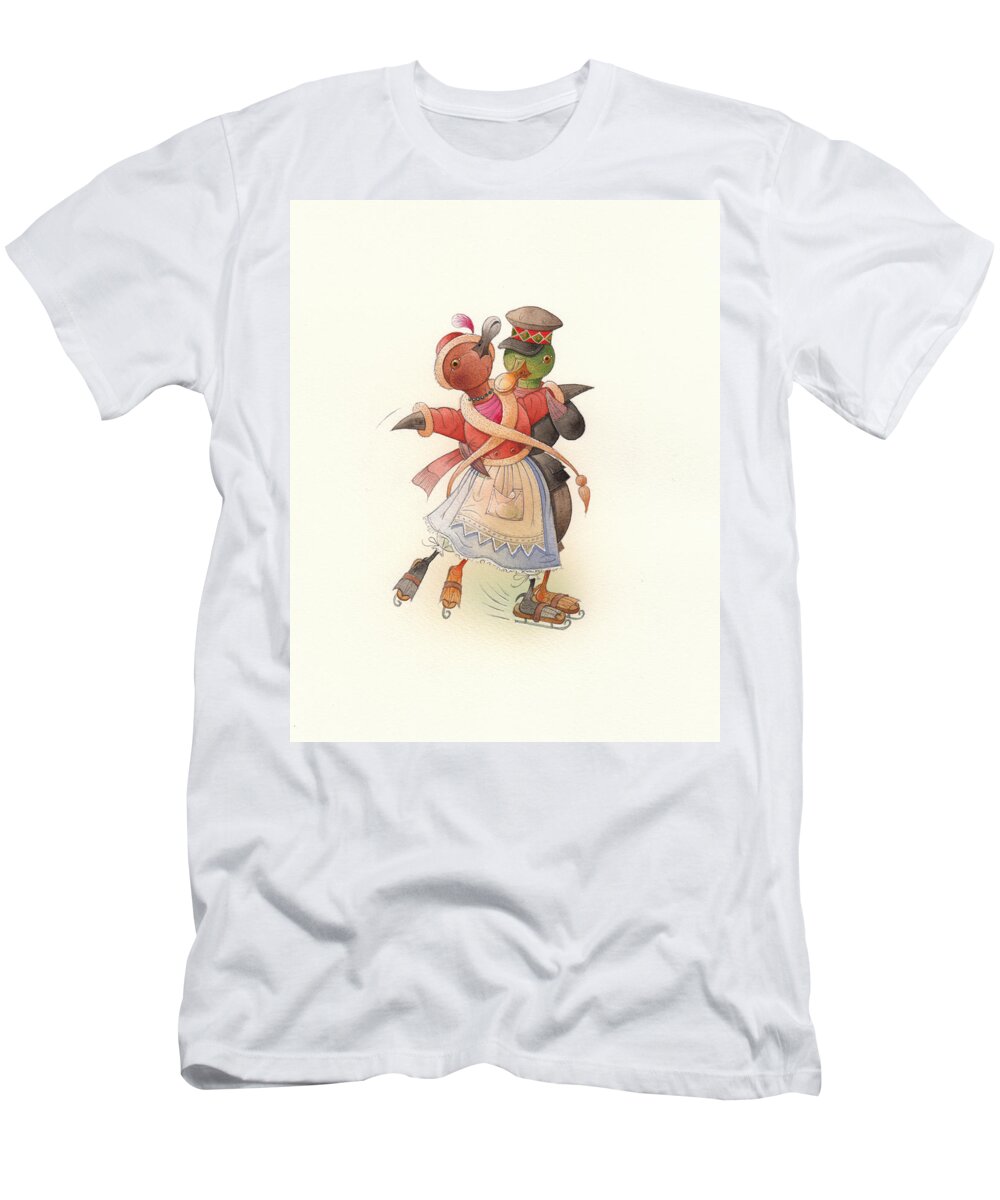 Christmas. Winter T-Shirt featuring the painting Dancing Ducks 02 by Kestutis Kasparavicius