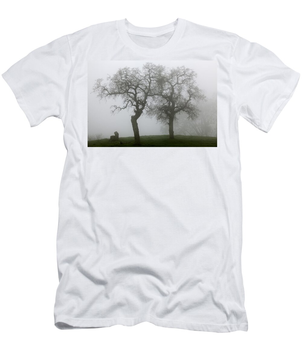 Dancing Oaks T-Shirt featuring the photograph Dancing Oaks In Fog - Central California by Ram Vasudev