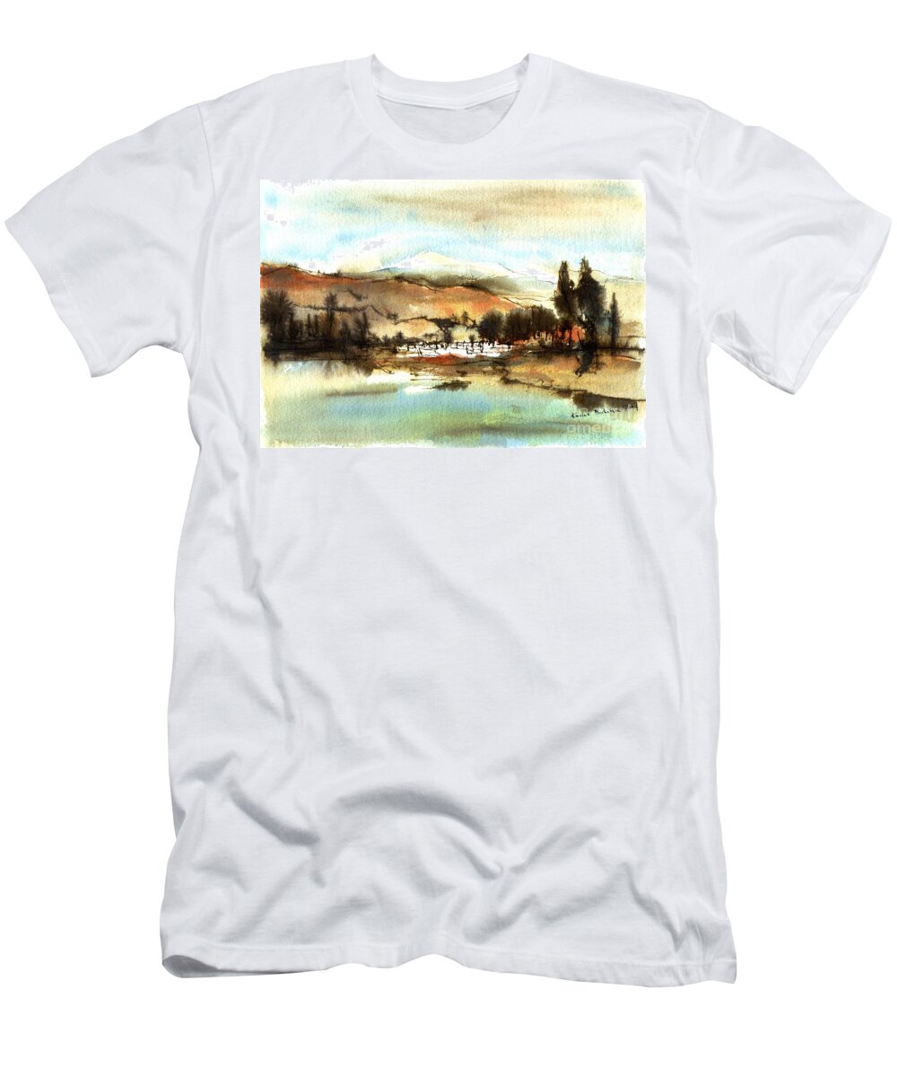 Landscape Watercolor T-Shirt featuring the painting Delta view by Karina Plachetka