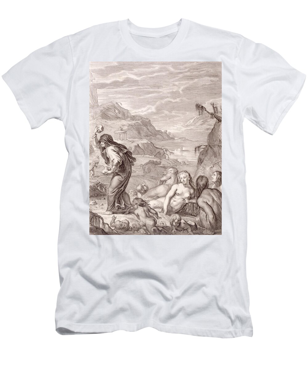 Stone T-Shirt featuring the drawing Deucalion and Pyrrha Repeople the World by Throwing Stones Behind Them by Bernard Picart