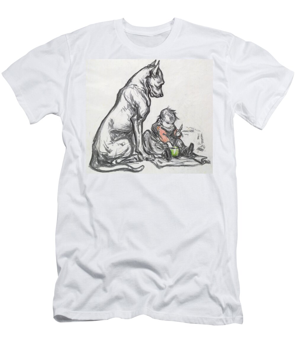 Le Chien Et L'enfant T-Shirt featuring the painting Dog and Child by Robert Noir