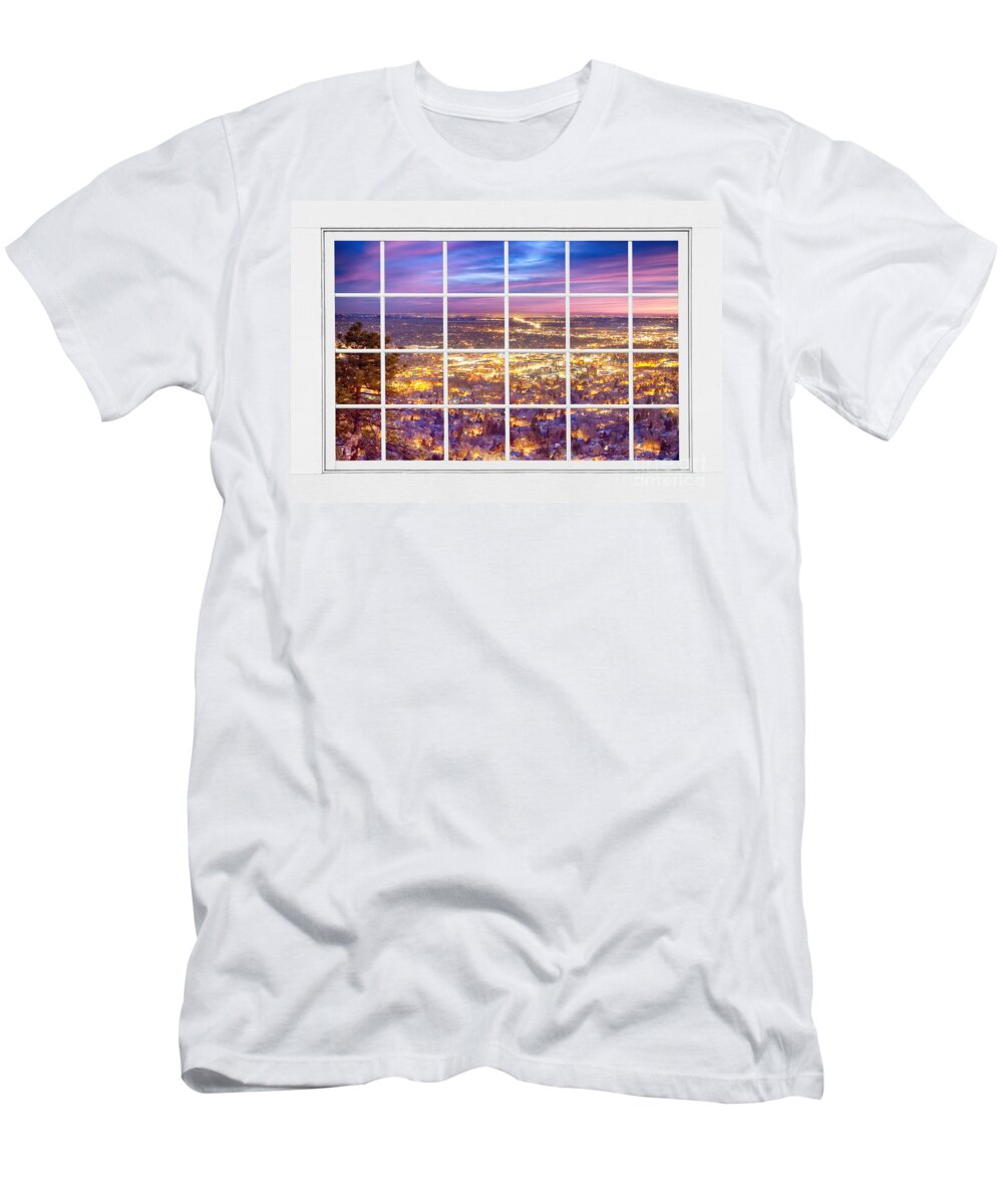 Boulder Colorado T-Shirt featuring the photograph Downtown Boulder Colorado City Lights Sunrise Window View 8LG by James BO Insogna