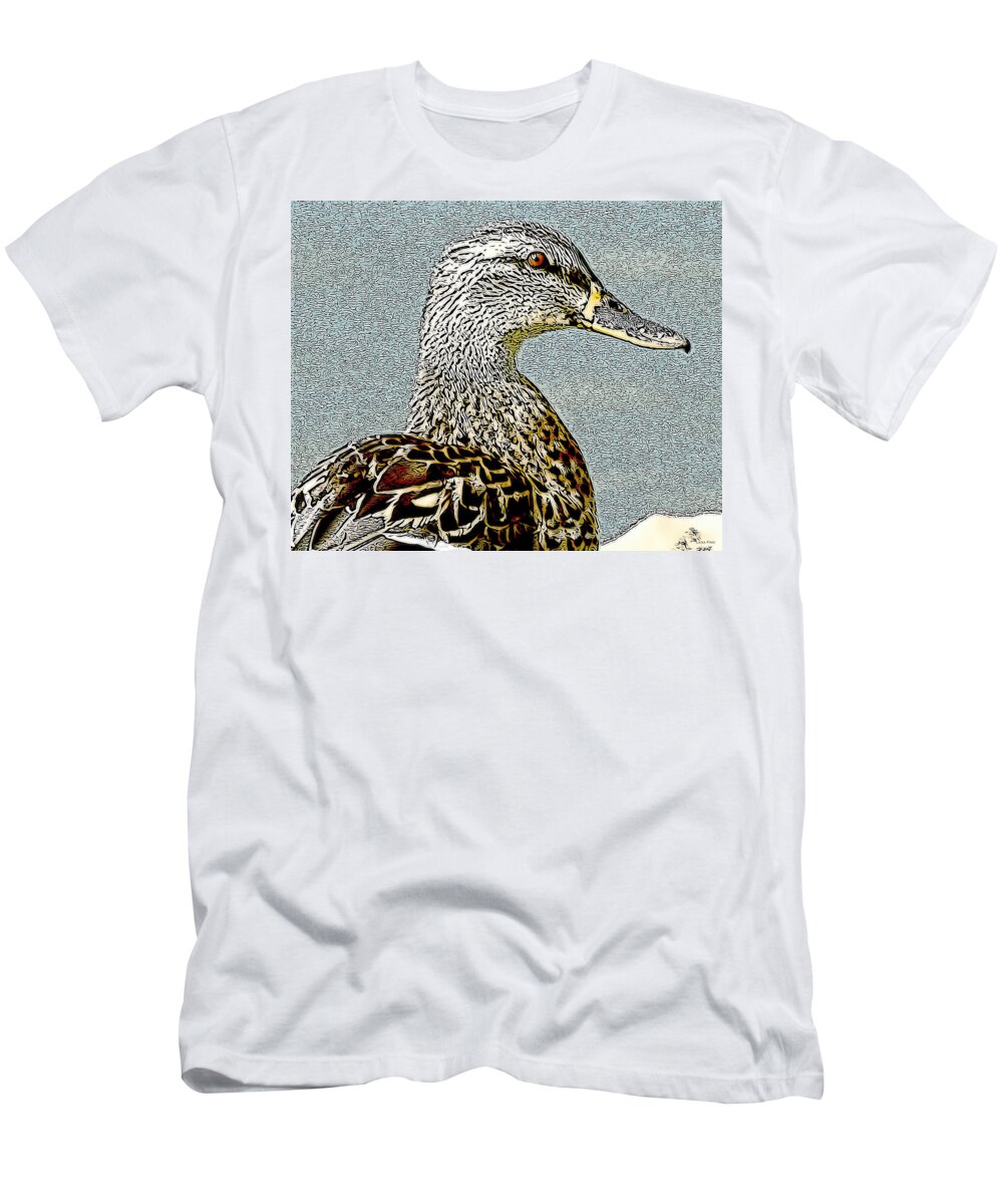 Brown Duck T-Shirt featuring the mixed media Duck Art Tribal Mallard II by Lesa Fine