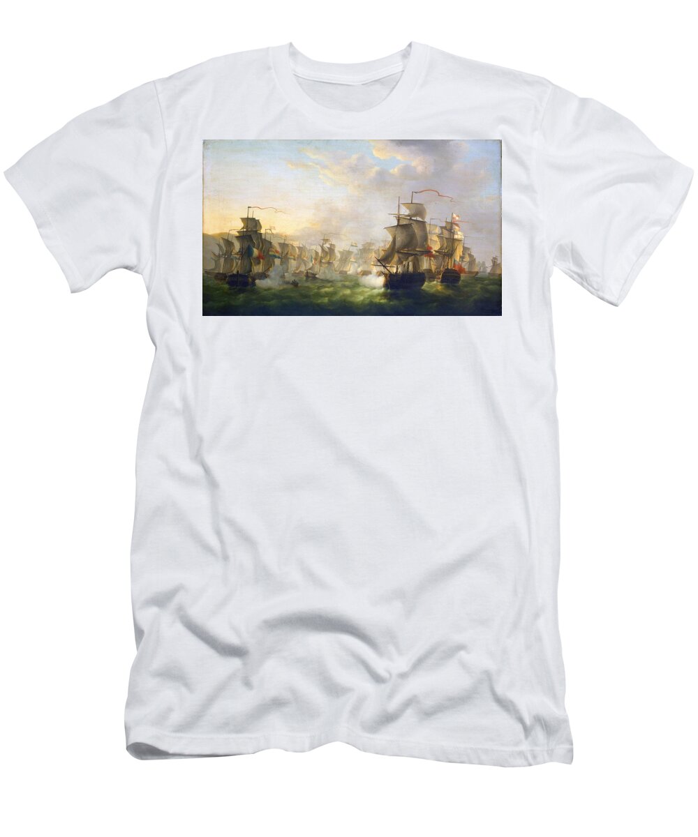 Dutch And English Fleets T-Shirt featuring the painting Dutch and English Fleets by Martinus Schouman