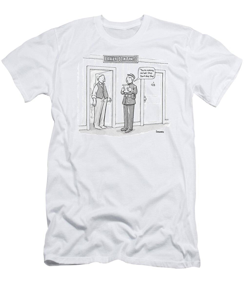 Captionless Sex T-Shirt featuring the drawing Early Sexting -- An Old-style Bellhop Reads An by Benjamin Schwartz
