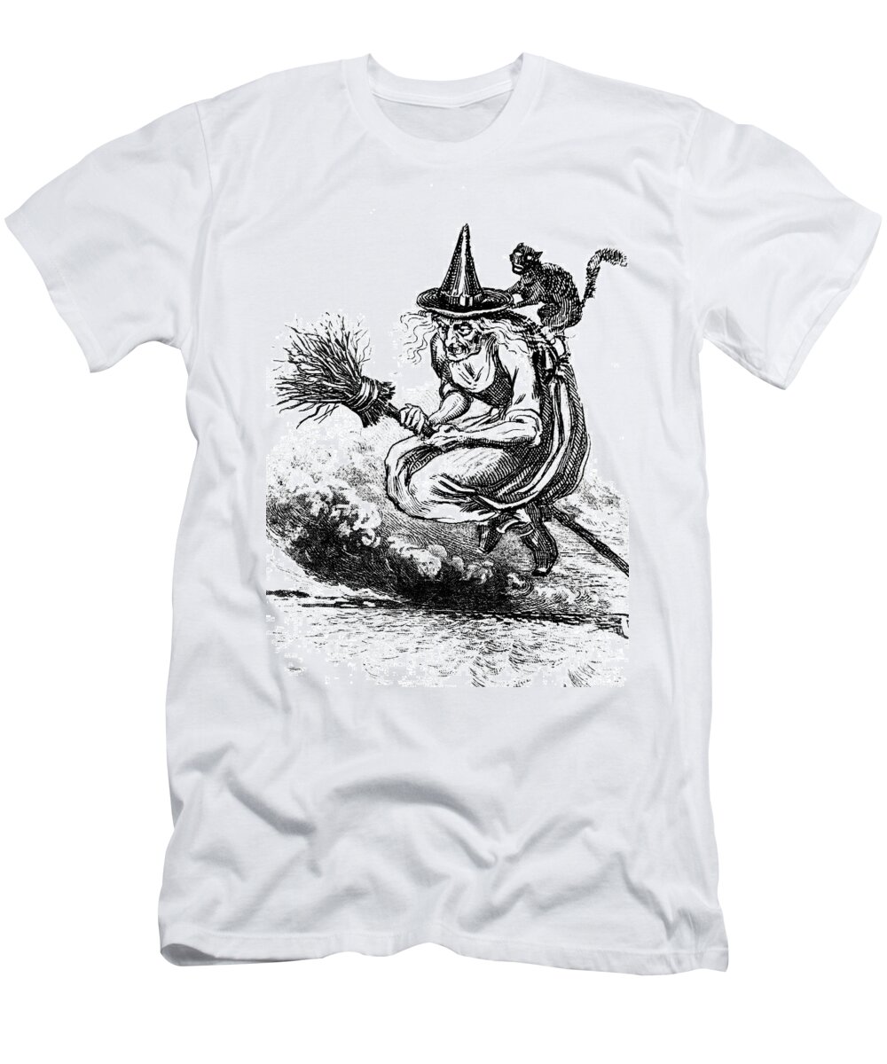 Vertical T-Shirt featuring the painting Engraving Of Ugly Old Witch Riding by Vintage Images