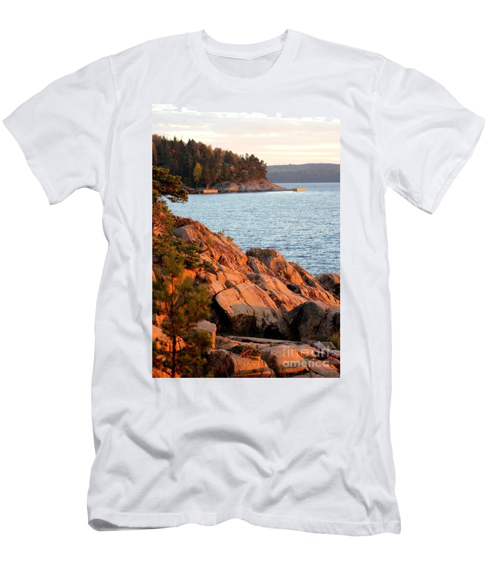 Landscape Water Waterfront Summer Sunset Sun Rocks Rock Nature View Panorama Fjord Fjords Outdoors Nature Hiking Beautiful Norway Scandinavia Europe Sky Blue Grey White Beige Brown Black Blue Orange Green T-Shirt featuring the photograph Evening Sun by the Waterfront by Jeanette Rode Dybdahl