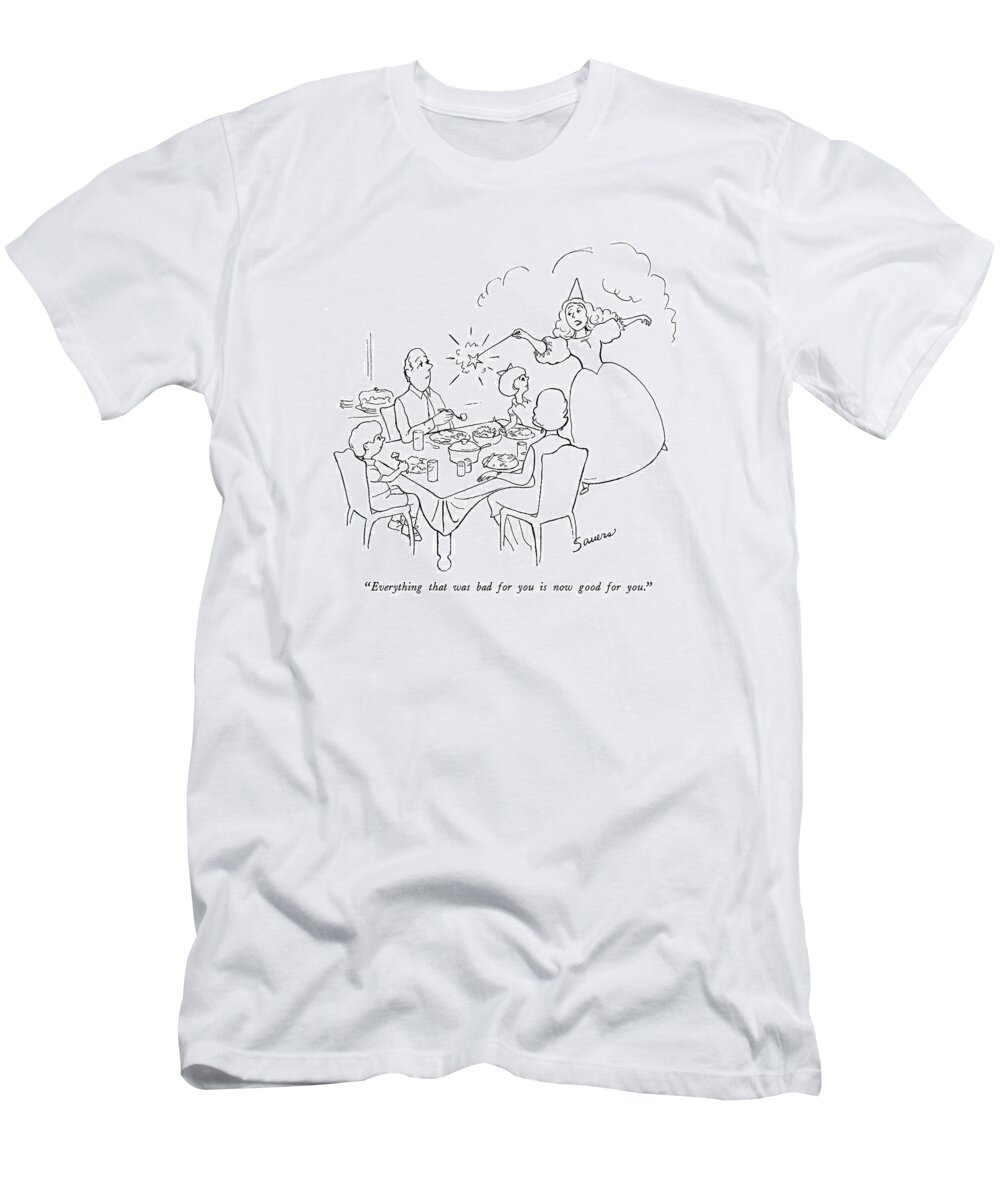 Food
 (fairy Godmother Waves Her Magic Wand Over The Table Of A Family Eating Dinner.) 
Fitness T-Shirt featuring the drawing Everything That Was Bad For You Is Now Good by Charles Sauers
