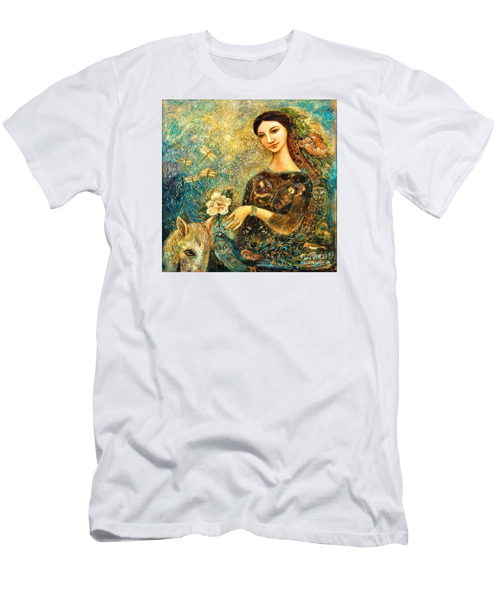Eve T-Shirt featuring the painting Eve's Orchard by Shijun Munns