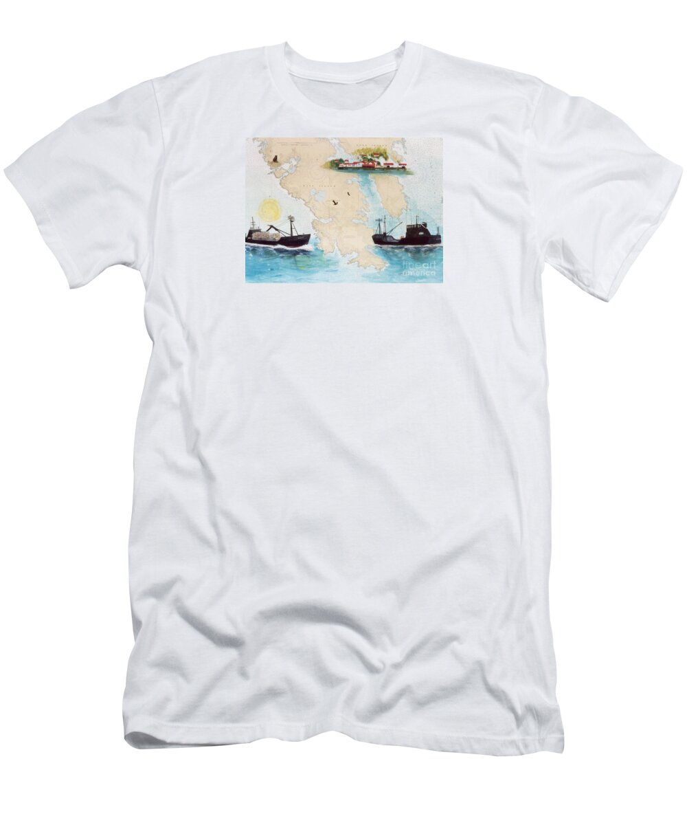 Exito T-Shirt featuring the painting EXITO AK King Crab Fishing Boat Cathy Peek Nautical Chart Map Art by Cathy Peek