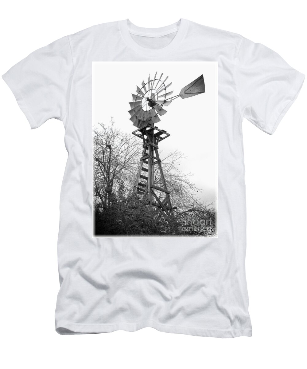 Windmill T-Shirt featuring the photograph Farm Windmill - Black and White by Carol Groenen