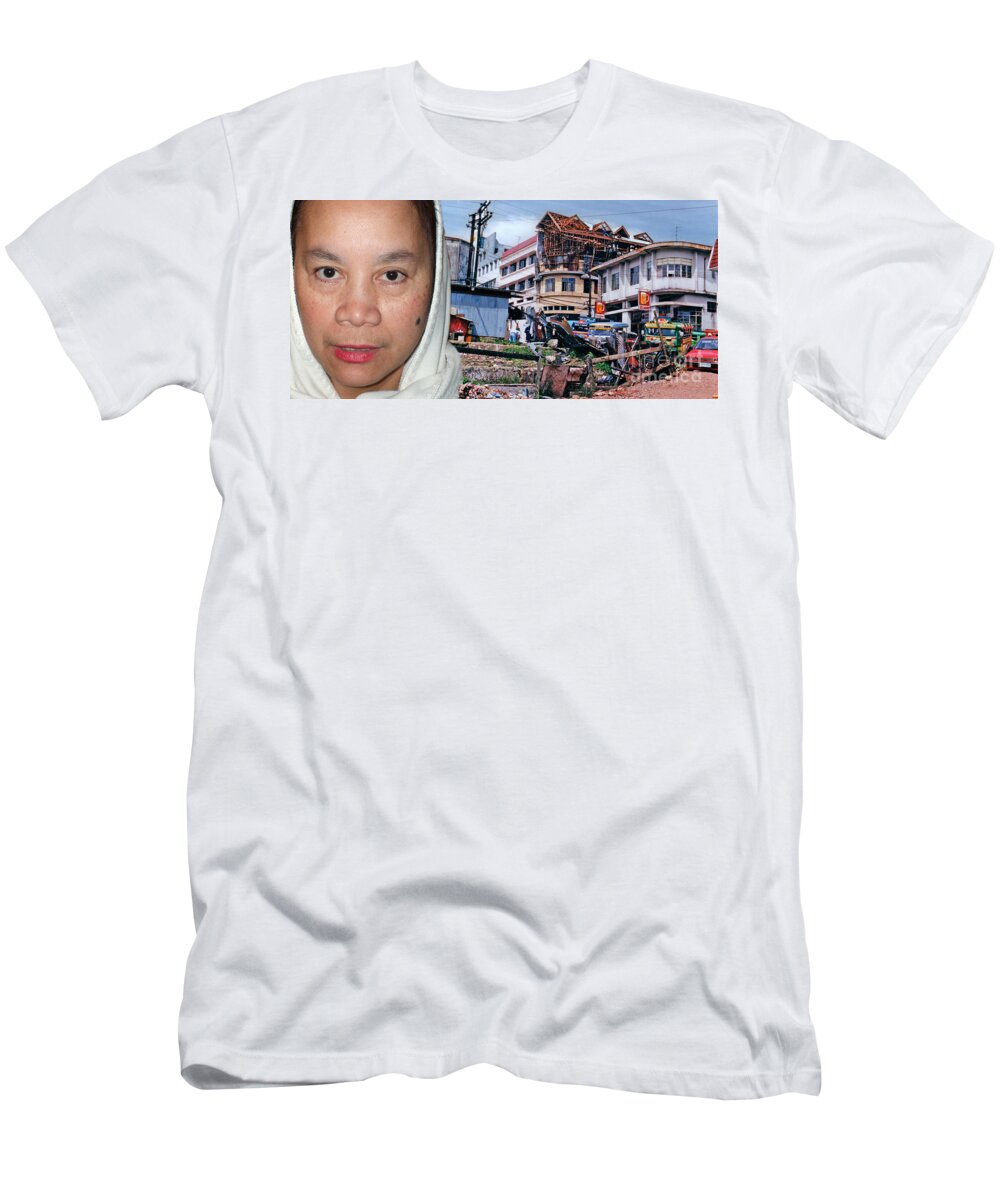 Filipina T-Shirt featuring the photograph Filipina Woman and her Earthquake Damage City by Jim Fitzpatrick