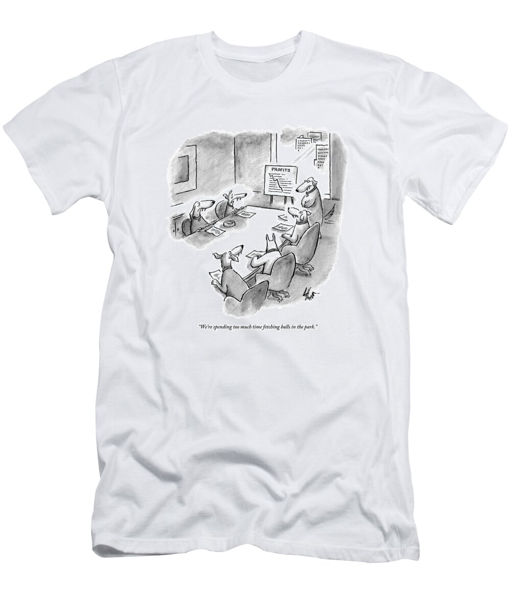 Dogs - Fetching T-Shirt featuring the drawing Five Dogs Sit Around An Office Meeting Table by Frank Cotham
