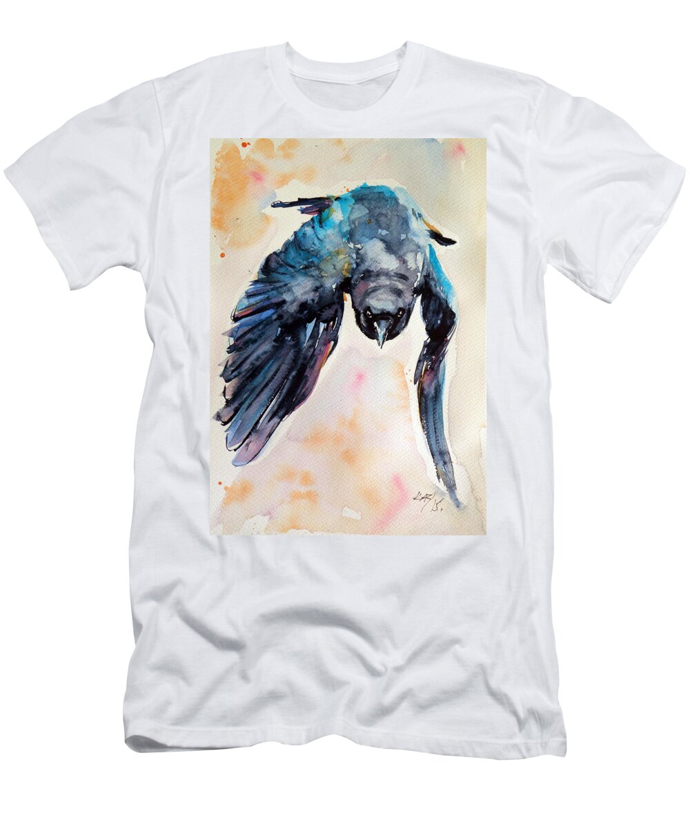 Crow T-Shirt featuring the painting Flying crow by Kovacs Anna Brigitta