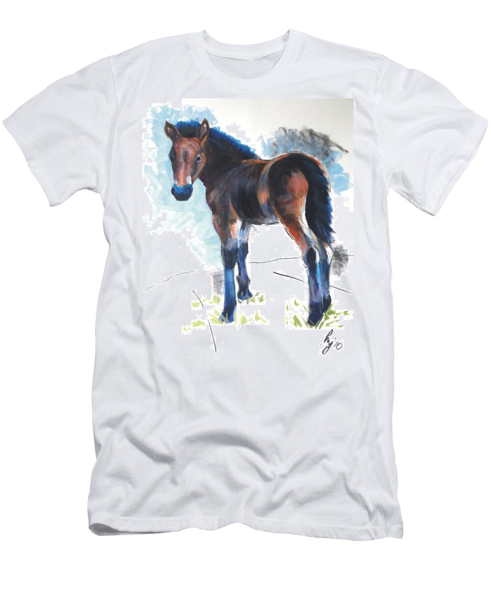 Horse T-Shirt featuring the painting Foal Painting by Mike Jory
