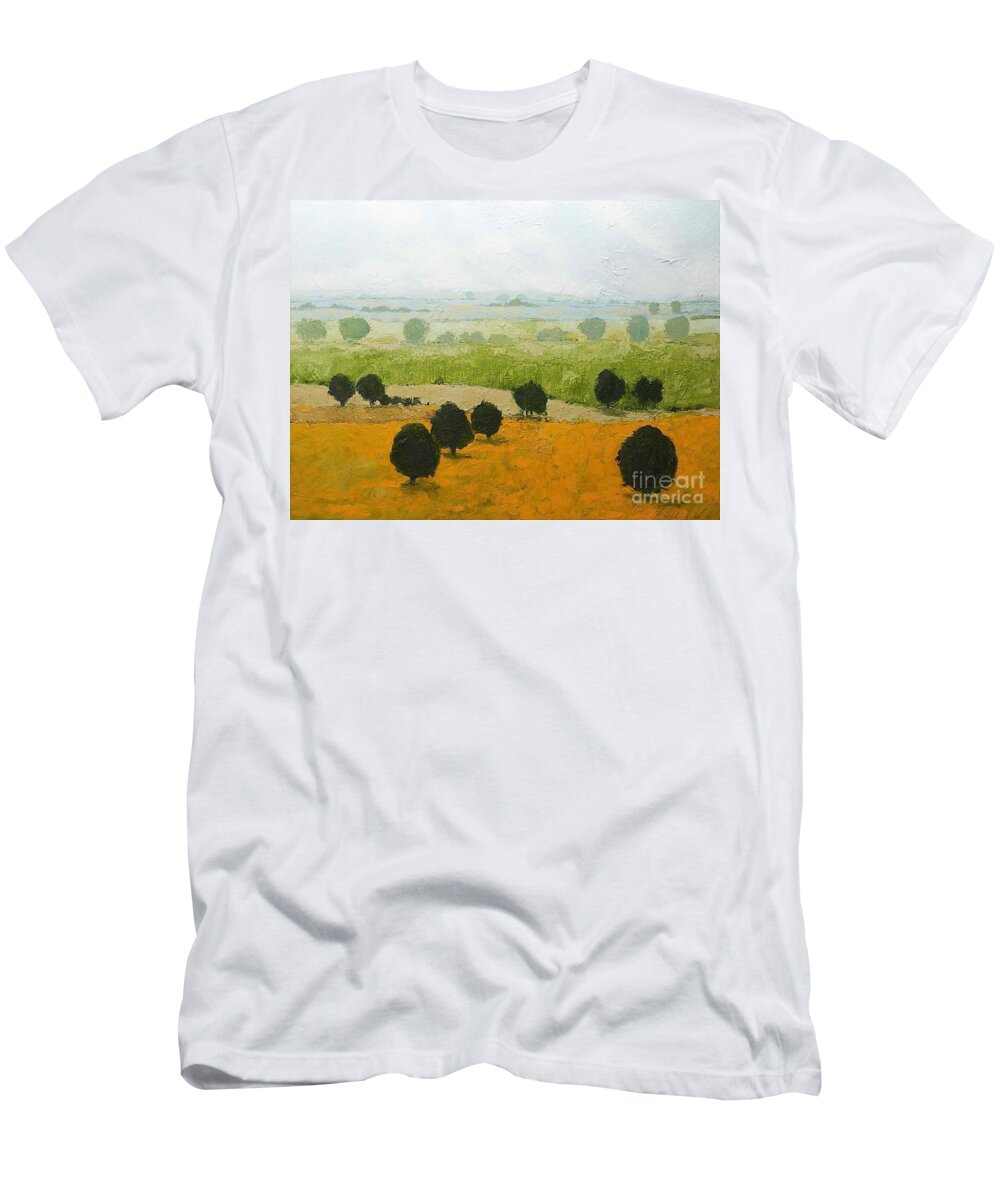 Landscape T-Shirt featuring the painting Fog Lifting Fast by Allan P Friedlander