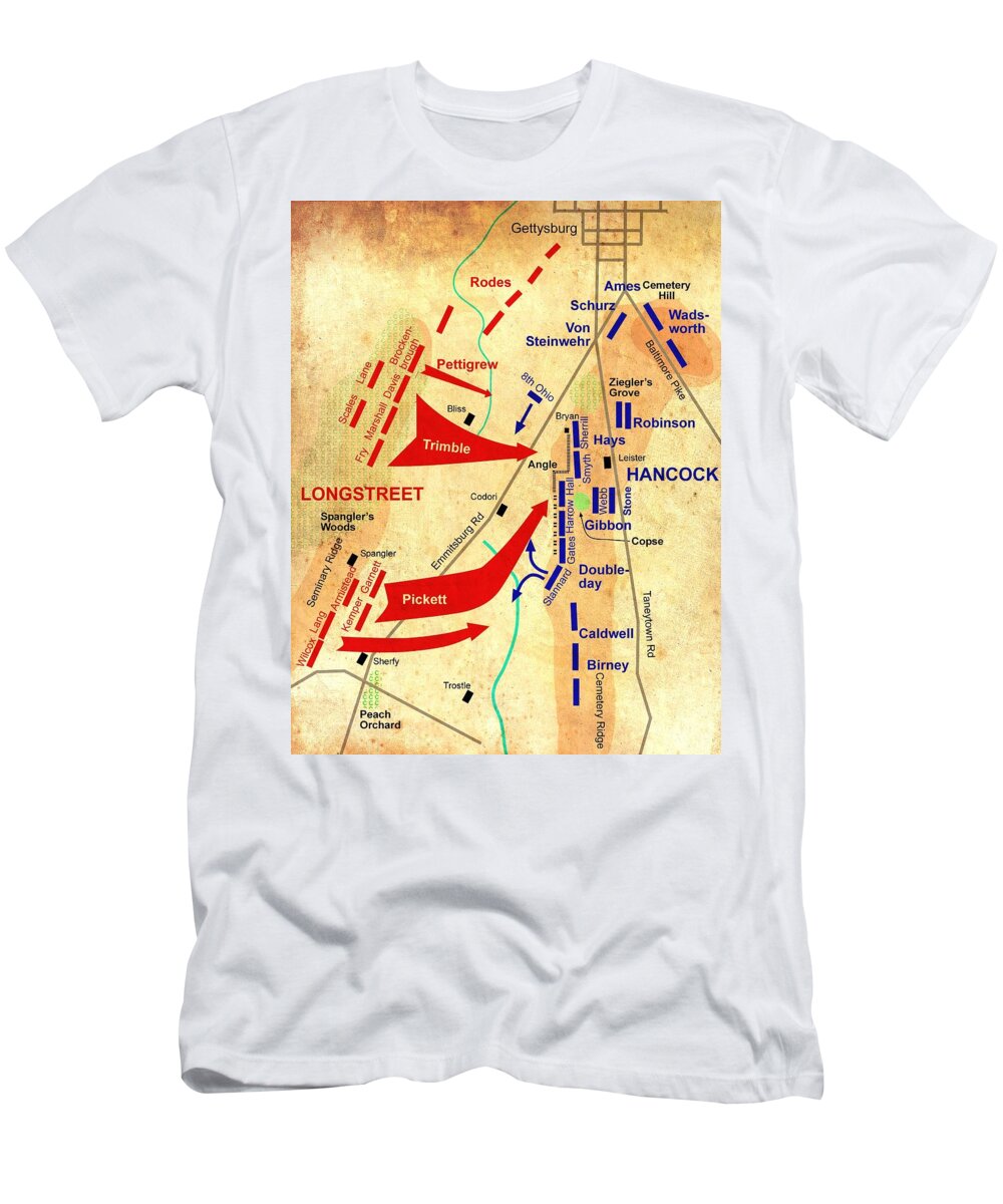 Pickett's Charge T-Shirt featuring the drawing Formational Map of Pickett's Charge - Battle of Gettysburg by Mountain Dreams