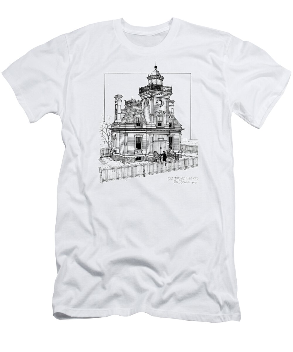 Fort Tompkins Lighthouse T-Shirt featuring the drawing Fort Tompkins Lighthouse by Ira Shander