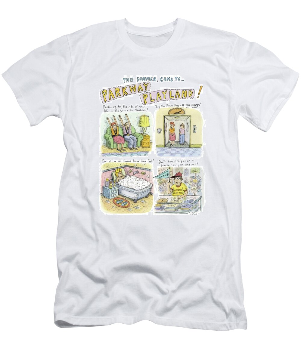 Retired T-Shirt featuring the drawing Four Panels Advertise Parkway Playland by Roz Chast