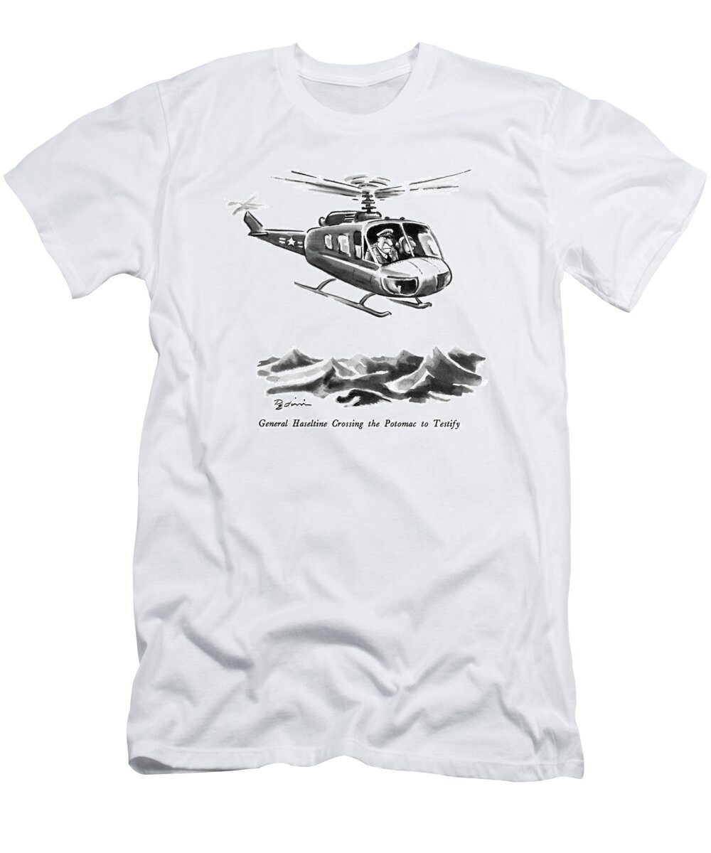 General Haseltine Crossing The Potomac To Testify

General Haseltine Crossing The Potomac To Testify.title.general In Helicopter Over Water.refers To Scandals In Washington. 
Military T-Shirt featuring the drawing General Haseltine Crossing The Potomac To Testify by Eldon Dedini