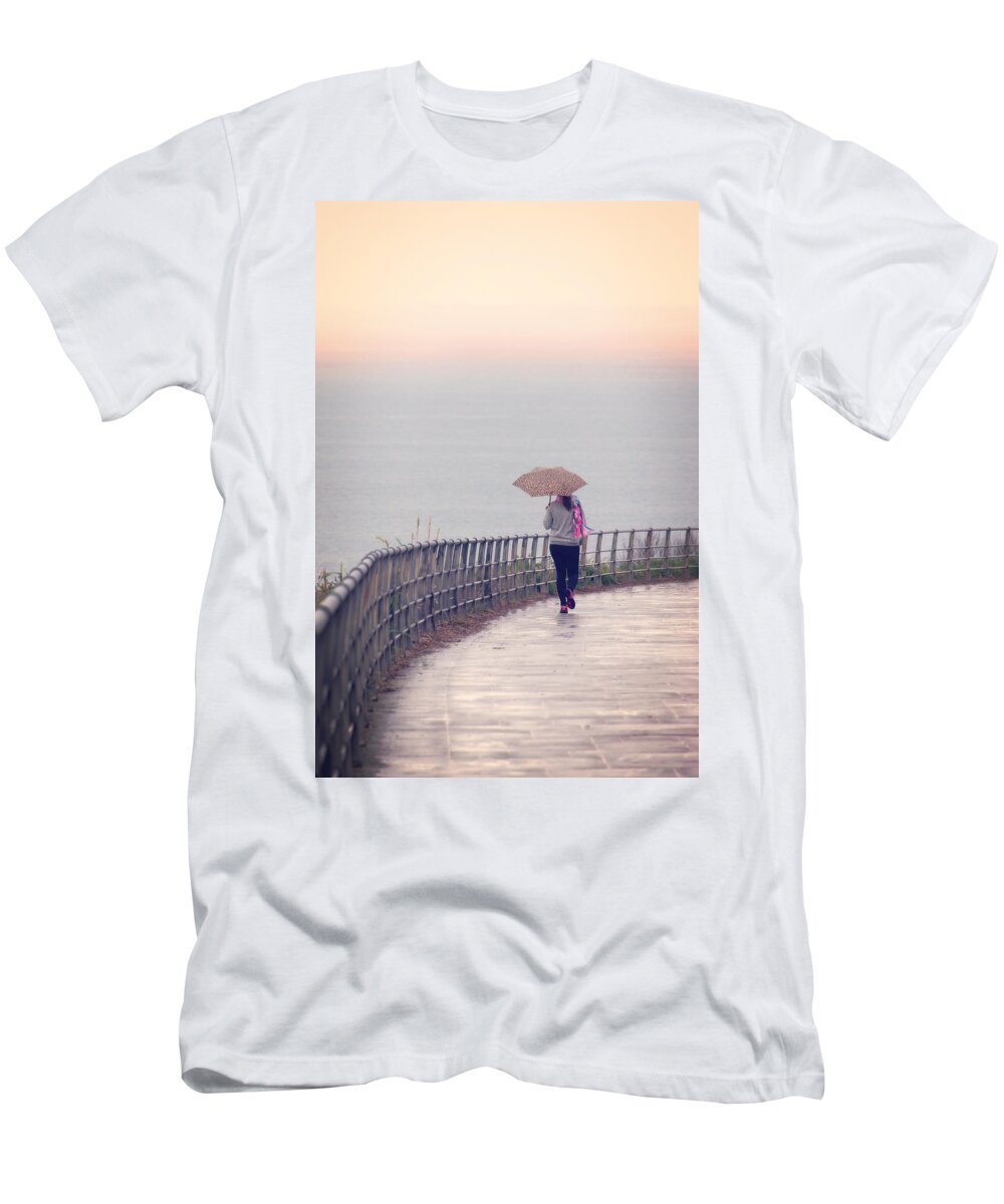 Umbrella T-Shirt featuring the photograph Girl Walking With Umbrella by Mikel Martinez de Osaba