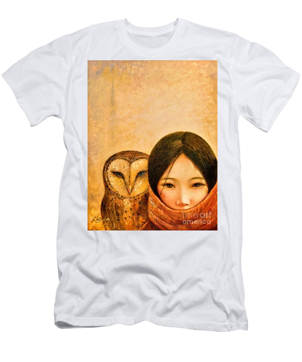 Shijun T-Shirt featuring the painting Girl with Owl by Shijun Munns