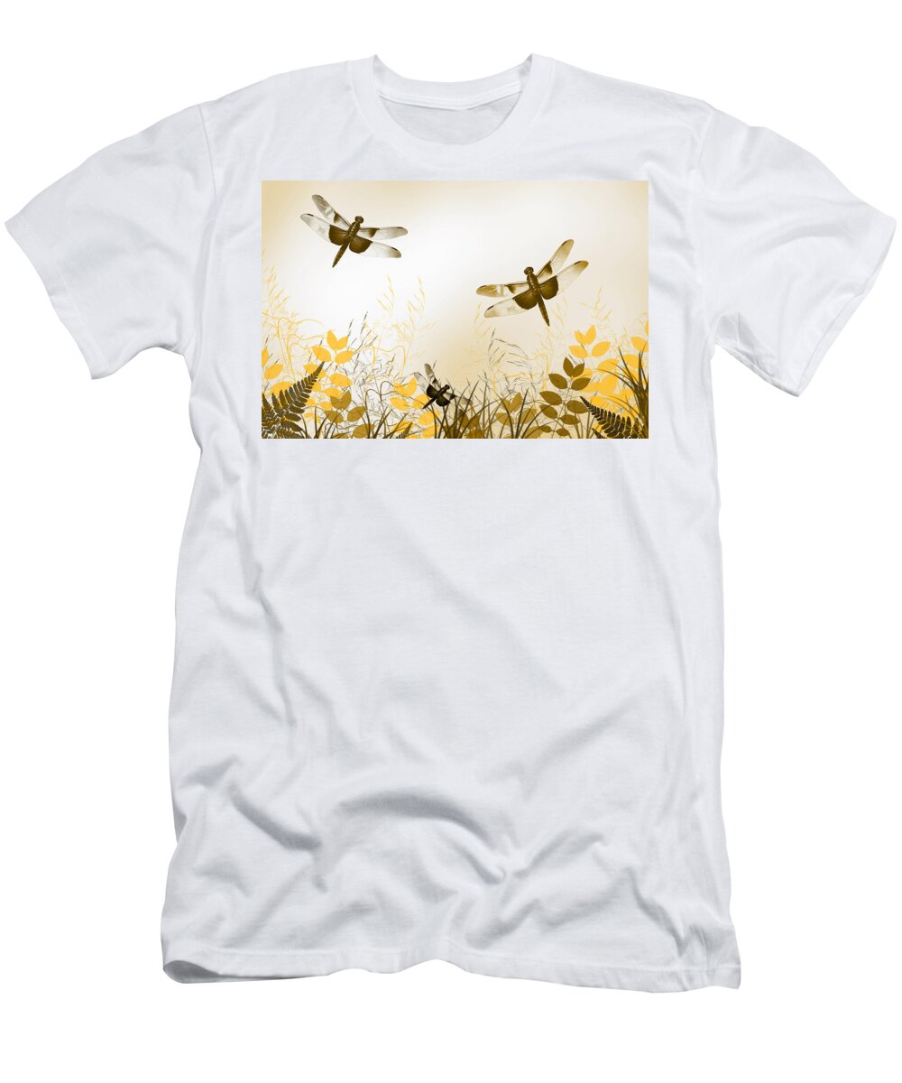 Dragonflies T-Shirt featuring the mixed media Gold Dragonfly Art by Christina Rollo