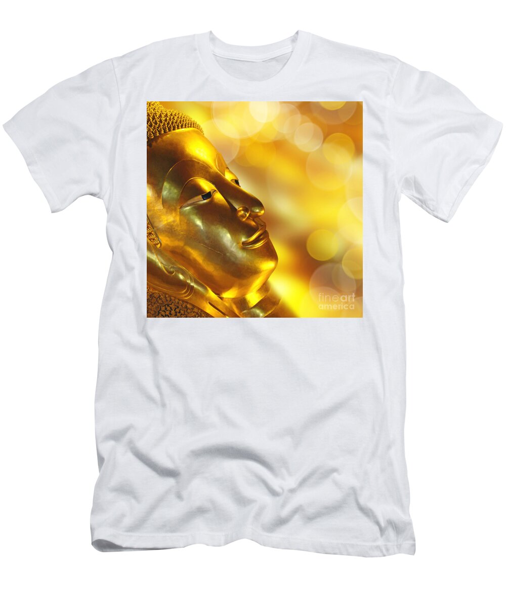 Buddha T-Shirt featuring the photograph Golden reclining Buddha, Wat Pho temple, Bangkok, Thailand by Delphimages Photo Creations