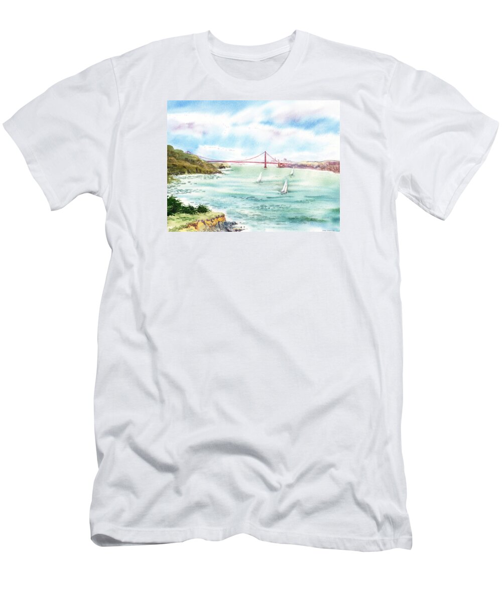 San Francisco T-Shirt featuring the painting Golden Gate Bridge View From Point Bonita by Irina Sztukowski